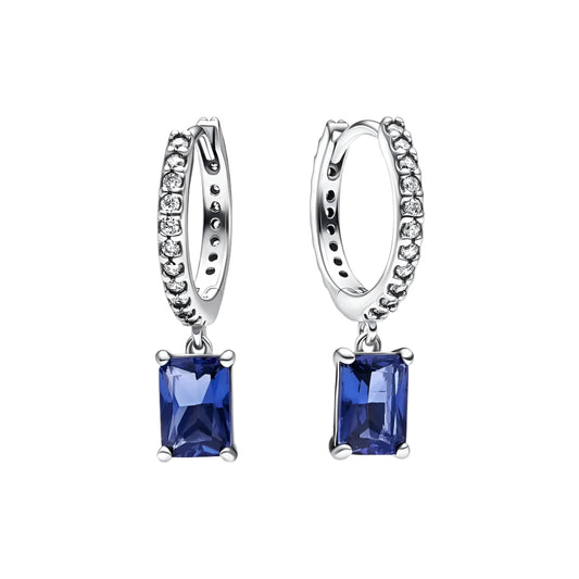 Elegant blue sapphire drop earrings with sterling silver hoops and latch-back closure
