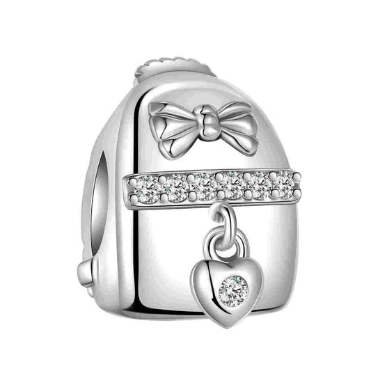 Sterling silver heart lock charm with a bow, line of crystals,.