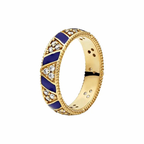 Gold-Plated Blue Enamel Strips Band - New Adventures Ring - Gold-Plated Blue Enamel Strips Band - New Adventures Ring