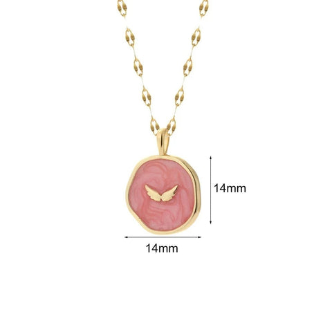 Pink Enamel Butterfly Pendant Necklace with Gold-Plated Chain - Gold-plated butterfly pendant necklace with pink enamel inlay, pendant measures mm in diameter.