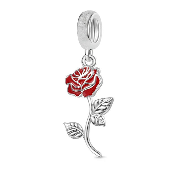 Enamel Red Rose Charm for Pandora Bracelets - Sterling silver red rose charm with vibrant enamel, fits Pandora bracelets