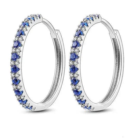 Sterling silver hoop earrings with alternating blue and clear cubic zirconia stones.