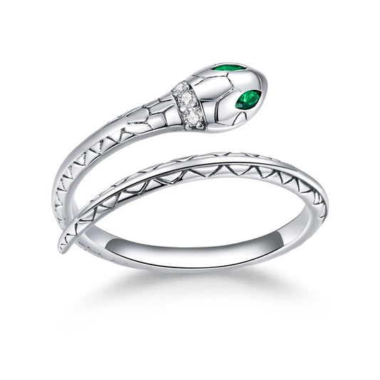 Silver Snake Green Stone Adjustable Ring - Mystical Serpent Design