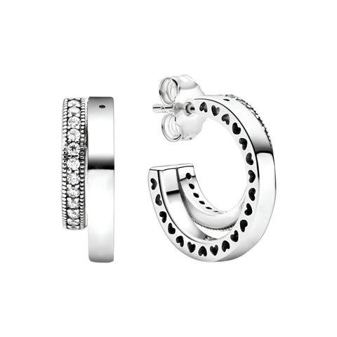 Sterling Silver Open Hoop Earrings Heart Cutout Design - Sterling silver open hoop earbands with heart cutout design and sparkling crystals.