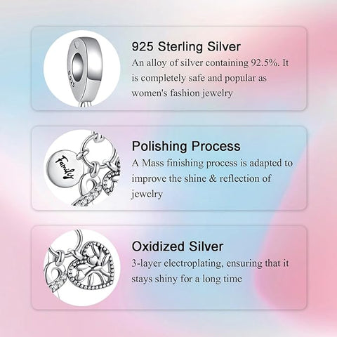 Family Forever Sterling Silver Charm with Heart and Infinity Symbols - This elegant charm, crafted from  sterling silver, combines three beautiful elements: a "Family" disc, a crystal-studded infinity symbol, and a delicately detailed heart.