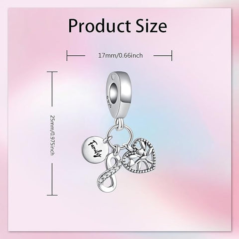 Family Forever Sterling Silver Charm with Heart and Infinity Symbols - This elegant charm, crafted from  sterling silver, combines three beautiful elements: a "Family" disc, a crystal-studded infinity symbol, and a delicately detailed heart.