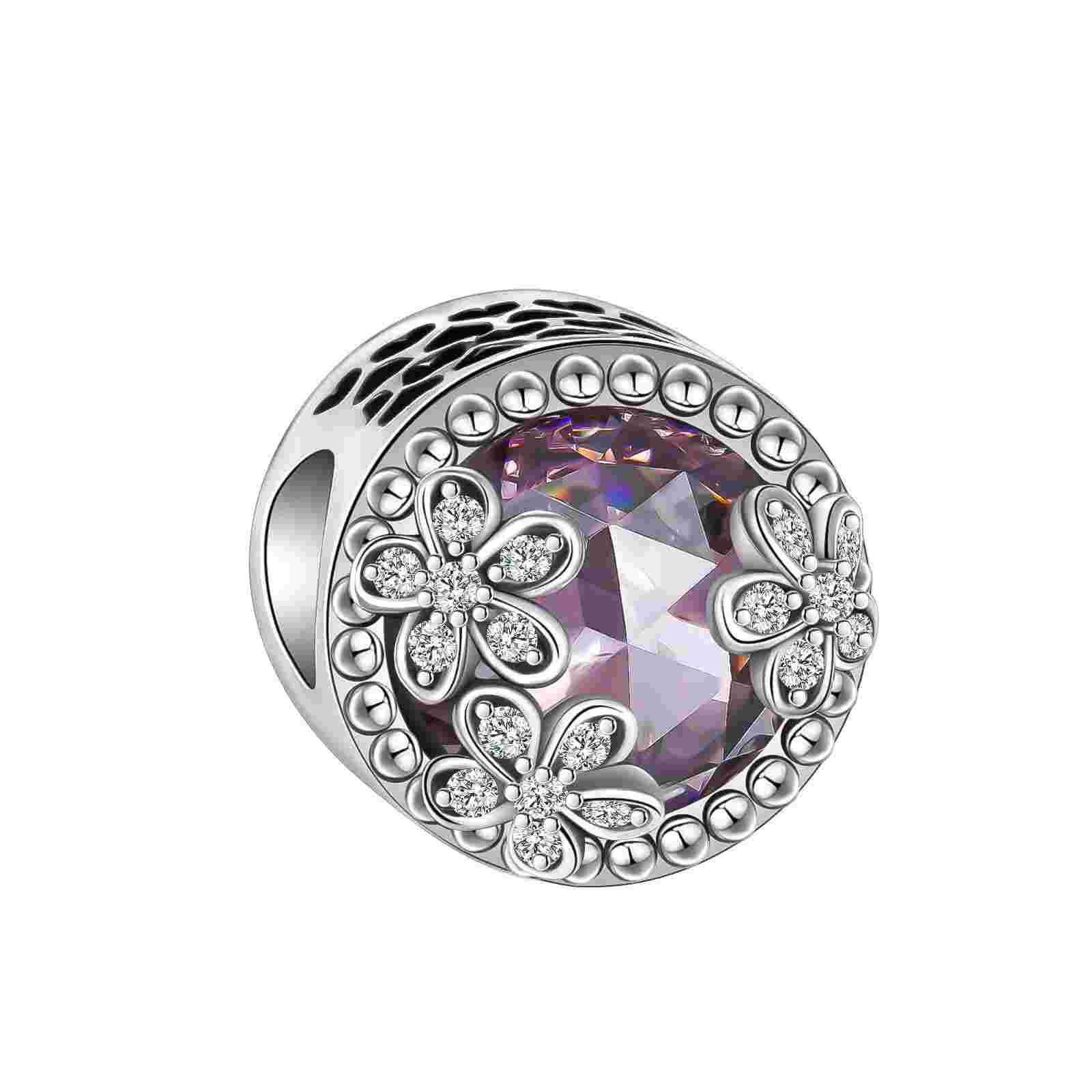 Sterling silver charm with purple gemstone and flower motifs with cubic zirconia.