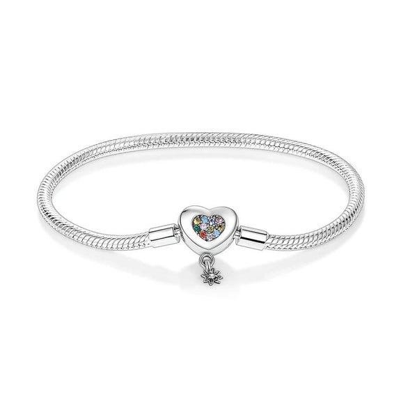 Rainbow Heart Sterling Silver Snake Chain Charm Bracelet - Rainbow heart sterling silver snake chain charm bracelet with colorful cubic zirconia clasp