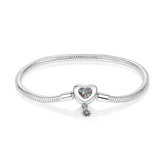 Rainbow heart sterling silver snake chain charm bracelet with colorful cubic zirconia clasp