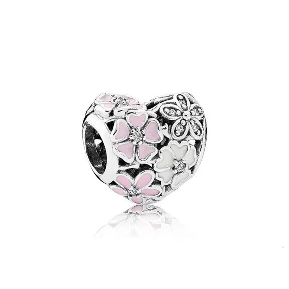 Floral Heart Charm for Pandora Bracelets - Sterling silver heart-shaped charm with pink and white flowers, fits Pandora bracelets