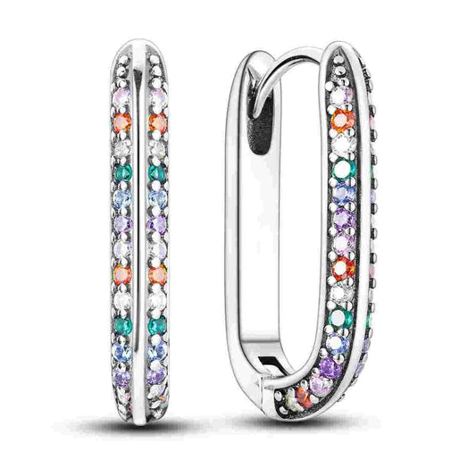 Sterling silver hoop earrings with colorful sparkling stones.