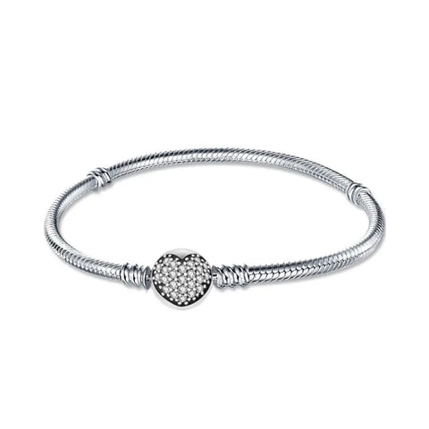Heart-Shaped Sparkling Charm Sterling Silver Snake Bracelet - Gem Stone Heart Snake Chain Bracelet