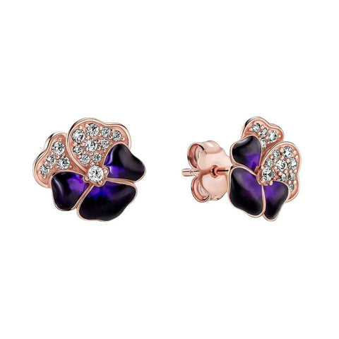 Elegant Rose Gold-Plated Purple Pansy Flower Stud Earrings Crystals - Close-up of elegant rose gold-plated stud earrings with purple pansy flowers and sparkling crystals.