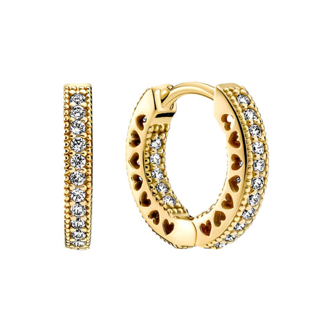 Luxurious Gold Hoop Earrings Heart Detailing Pave Stones - Luxurious gold hoop earrings with heart detailing and sparkling pave stones.