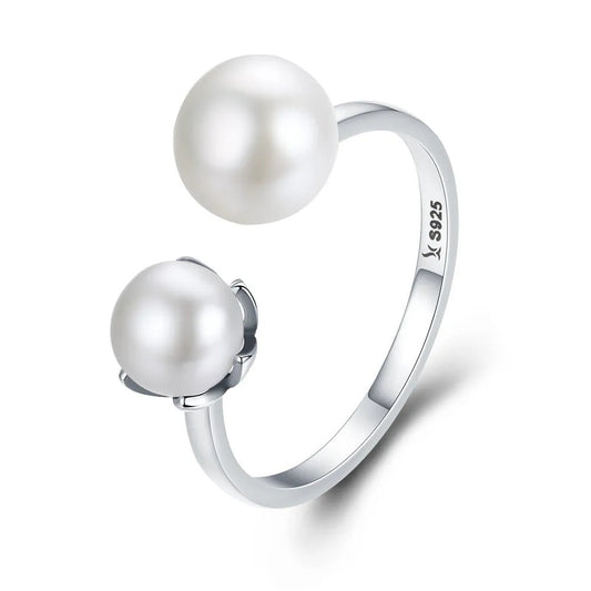 Silver Double Pearl Adjustable Ring -Open Ring
