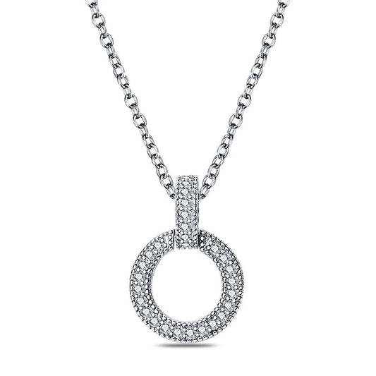 Elegant circular pendant necklace adorned with sparkling pave crystals, hanging from a durable.
