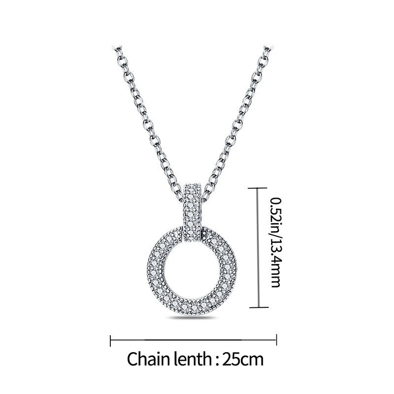 Diagram of a silver circle pendant necklace with dimensions and chain length specified.