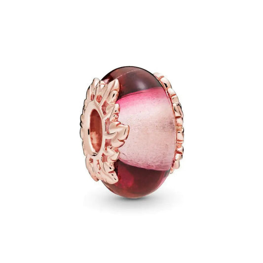 Gloss Pink Murano Glass And Leaf Charm