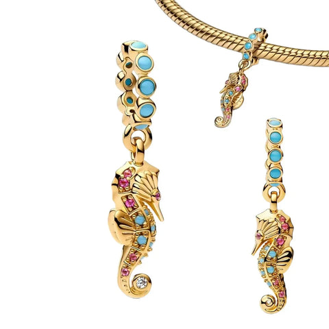 Gold And Pink Seahorse With Turquoise Stones Charm - Gold And Pink Seahorse With Turquoise Stones Pandora Charm