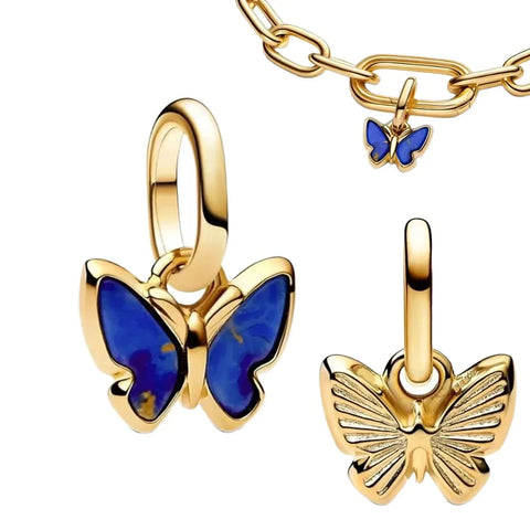 Gold Plated Butterfly With Blue Enamel Charm - Gold Plated Butterfly With Blue Enamel Charm
