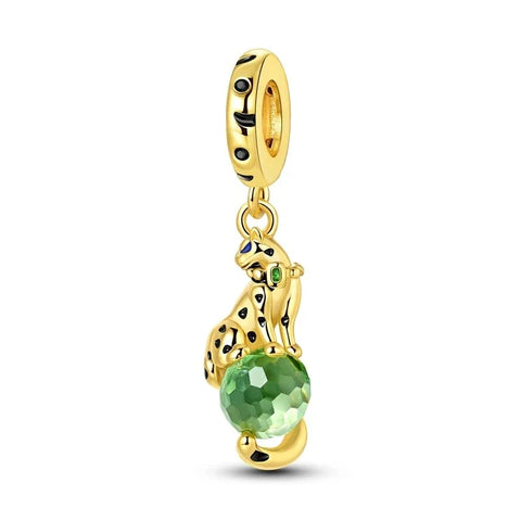 Gold Plated Charm Green Cat Black Stone Yellow Accent Charm - Compatible with Pandora Bracelets