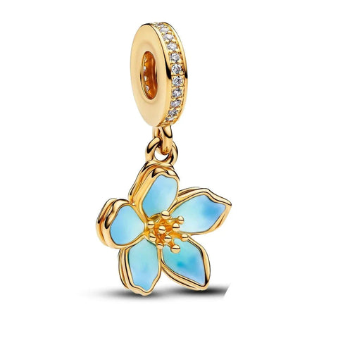 Gold Plated Flower Blue Stones Charm Yellow Accent - Gold Plated Flower Blue Stones Charm Yellow Accent