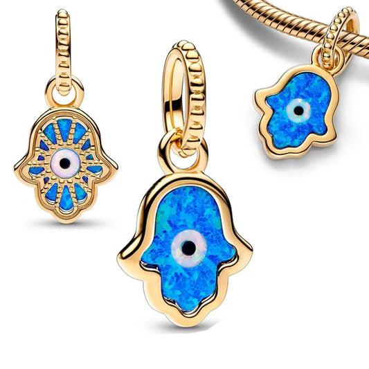 Pandora Gold Plated Hamsa Hand With Blue Enamel Charm Accent