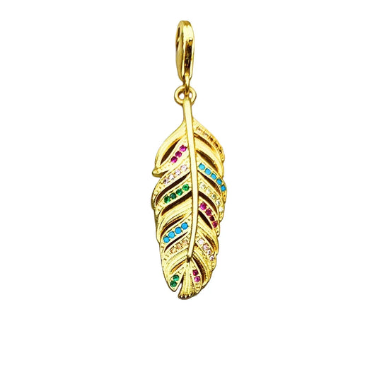 Gold Plated Pendant Colorful Feather Charm Yellow Accent Charm - Compatible with Pandora Bracelets