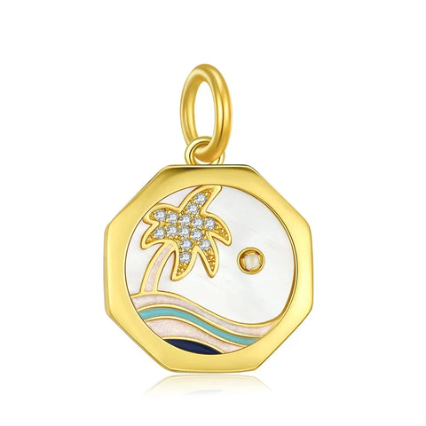 Gold Plated Pendant With Palm Tree And Waves Charm - Gold Plated Pendant With Palm Tree And Waves Pandora Charm