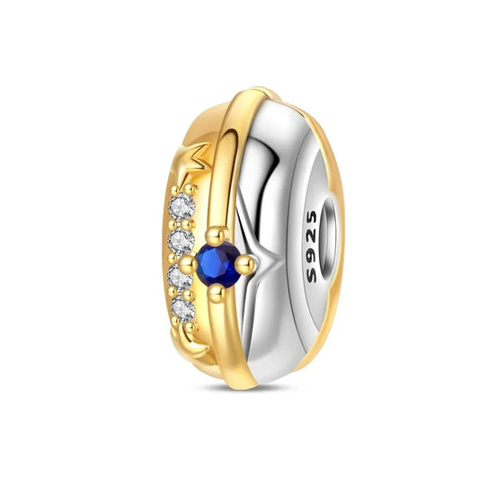 Gold Silver Charm Blue Stone Accent Charm - Compatible with Pandora Bracelets