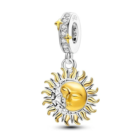 Gold Silver Sun Charm Star Yellow Accent Charm - Compatible with Pandora Bracelets