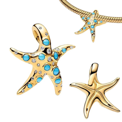 Gold Starfish With Turquoise Stones Charm