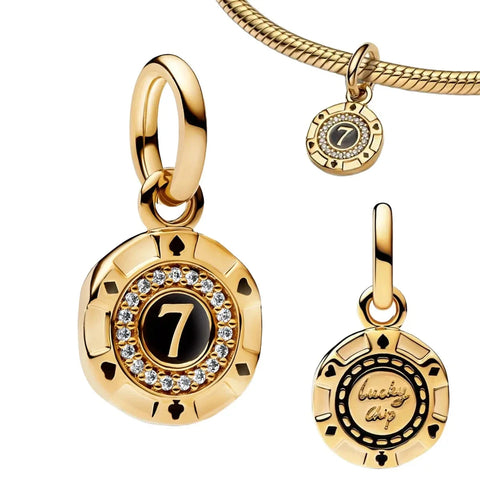 Gold With Number Seven And Diamond Charm - Gold jewelry set with 'lucky chip' pendants on a white background