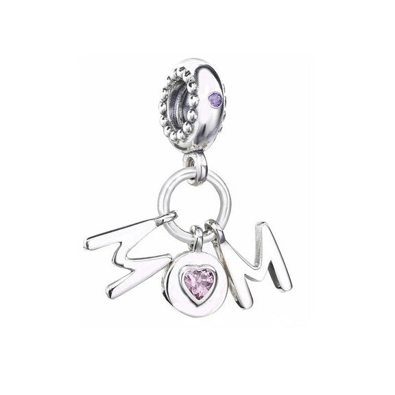 Mom Charm - Sterling silver charm featuring the word "Mom" with a heart-shaped crystal accent.