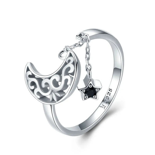 Moon and Star Silver Open Ring