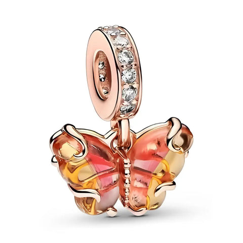 Gradient Murano Glass Rose Gold Butterfly Dangle Charm - Gradient Murano Glass Rose Gold Butterfly Dangle Charm
