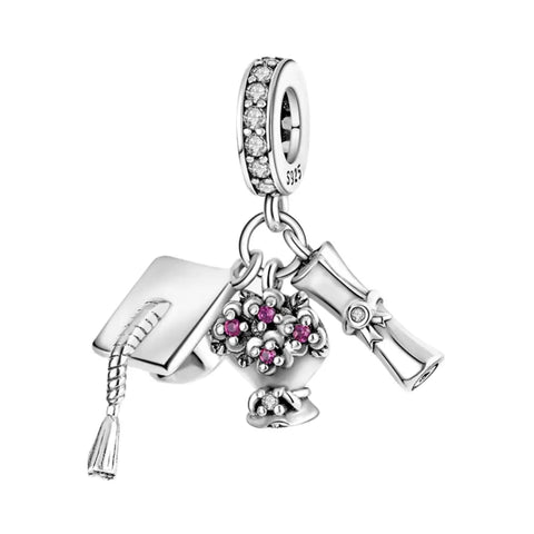Graduation Hat, Scroll and Flowers Triple Dangle Charm