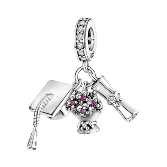 Graduation Hat, Scroll and Flowers Triple Dangle Charm
