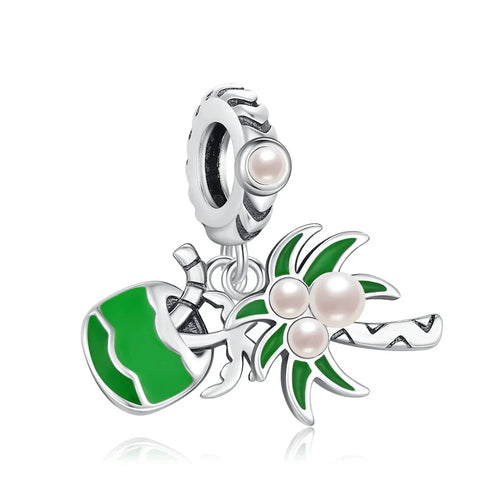 Green And White With Palm Tree Coconut Charm - Green And White With Palm Tree Coconut Pandora Charm