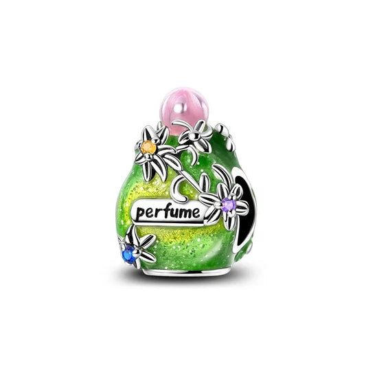 Green White Perfume Bottle Flowers Charm Accent Charm - Compatible with Pandora Bracelets