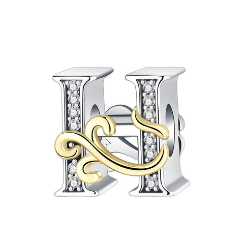 Dual-Tone Gold and Silver H Letter Charm with Crystal Accents - Dual-Tone Gold and Silver H Letter Charm with Crystal Accents