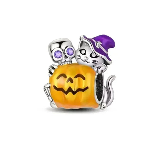 Halloween Cat Skeleton Charm Yellow Accent Charm - Compatible with Pandora Bracelets