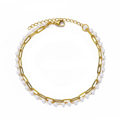 Pearl and Gold Chain Ankle Bracelet Double Layer - Pearl and Gold Chain Ankle Bracelet Double Layer