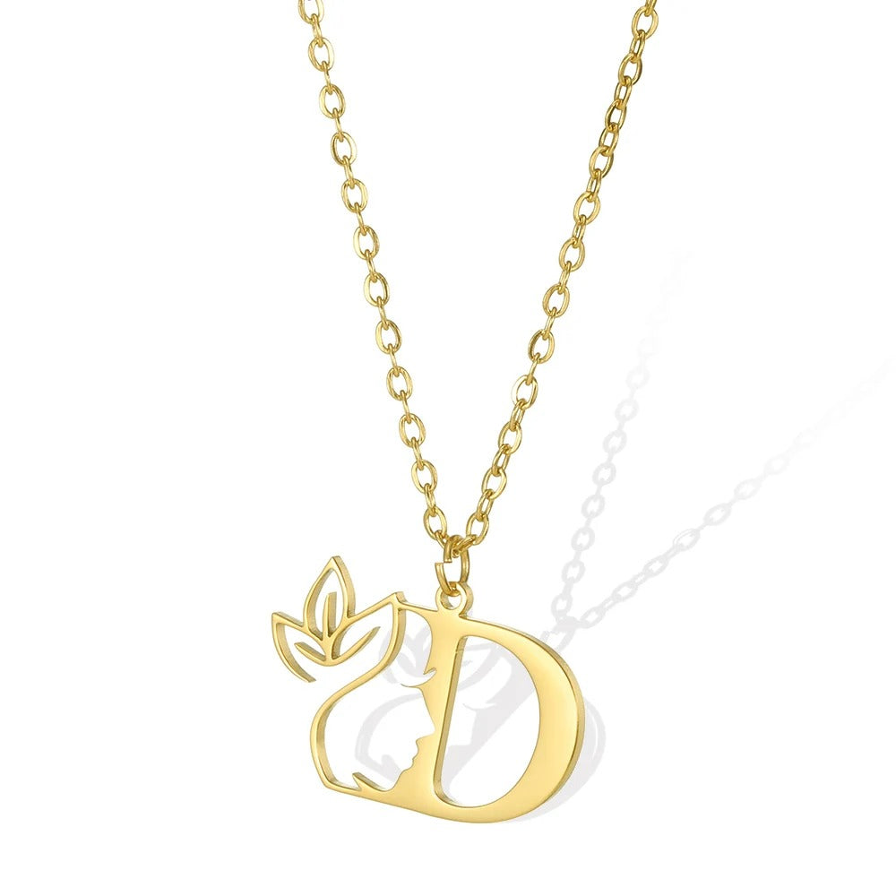 D: Delicate gold necklace with a 'D' pendant and elegant leaflet detailing.