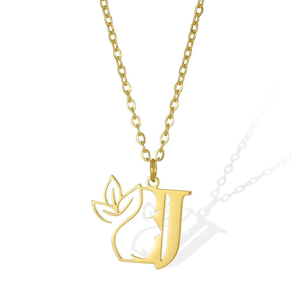 Elegant Leaflet Necklace – A Timeless Piece for Every Occasion A to Z letters - J: Jewel-like gold necklace featuring a 'J' pendant and an exquisite leaflet.