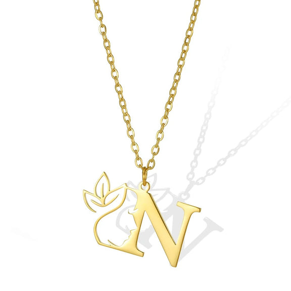 Elegant Leaflet Necklace – A Timeless Piece for Every Occasion A to Z letters - N: Noble gold necklace with an 'N' pendant and intricate leaflet detailing.