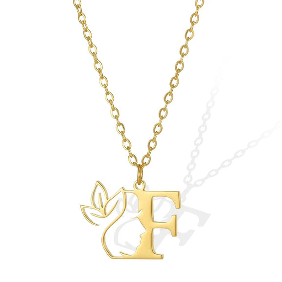 Elegant Leaflet Necklace – A Timeless Piece for Every Occasion A to Z letters - F: Fashionable gold necklace with an 'F' pendant and a charming leaflet design.