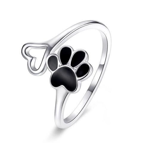 Silver black Paw Print Adjustable Ring - Pet Lover's - Silver black Paw Print Adjustable Ring - Pet Lover's