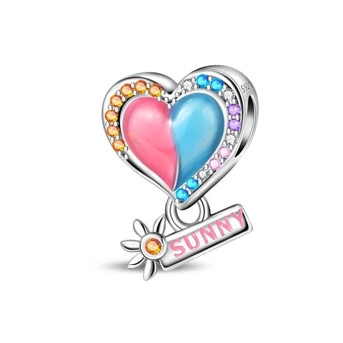 Heart Shaped Charm Name Cyan Accent Charm - Compatible with Pandora Bracelets