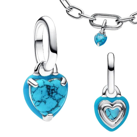 Heart Shaped Turquoise Stone With Silver Chain Charm - Heart Shaped Turquoise Stone With Silver Chain Pandora Charm